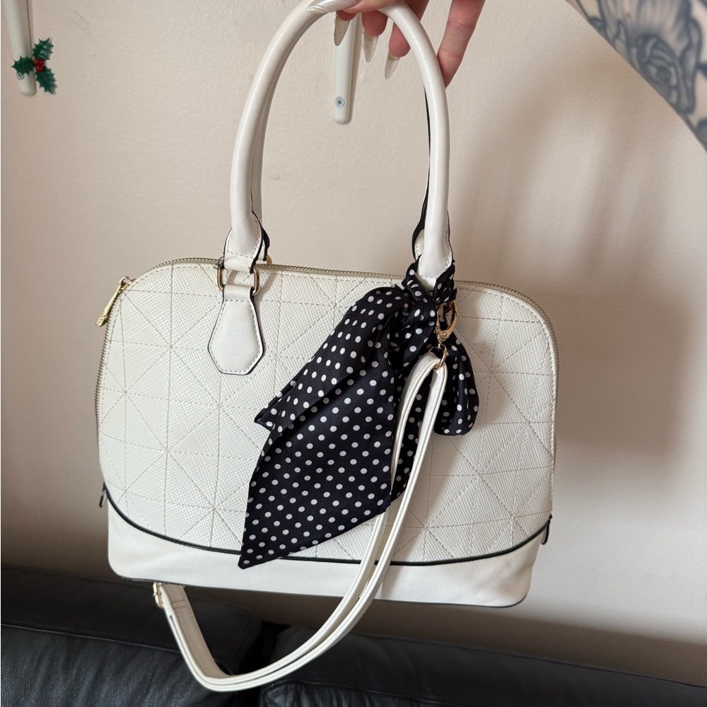 Aldo White Structured Satchel with Black Polka Dot Scarf - Picture 1 of 7